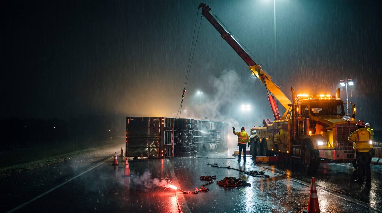 Heavy-recovery rotator uprighting a rolled tractor-trailer on a wet highway at night
