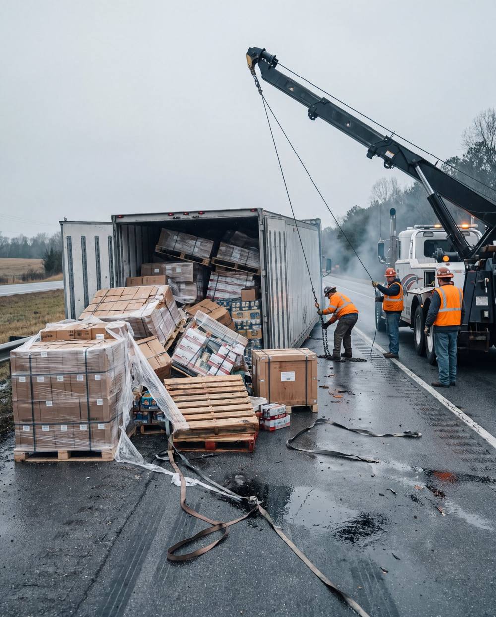 Overturned tractor-trailer with spilled cargo, recovery crew rigging the rotator in daylight